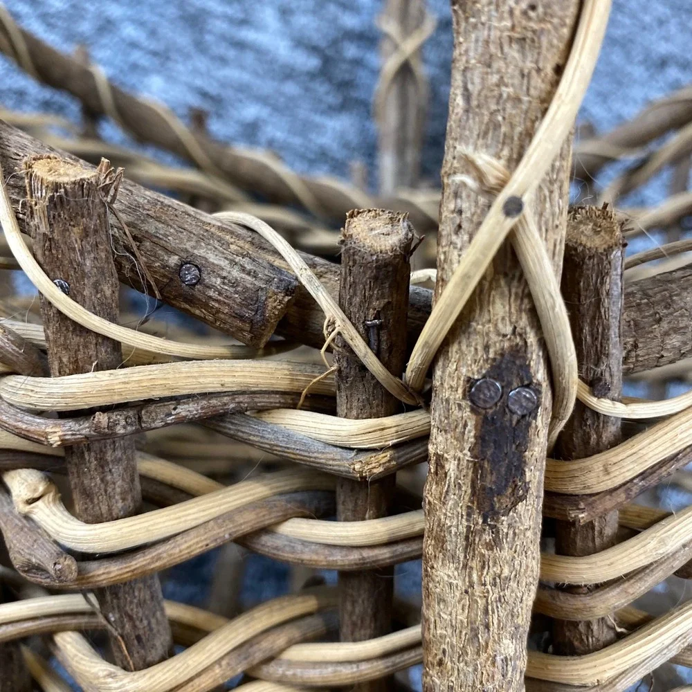 Old Rustic Twig Woven Basket Natural Vine Handle Folk Art Country Decor
